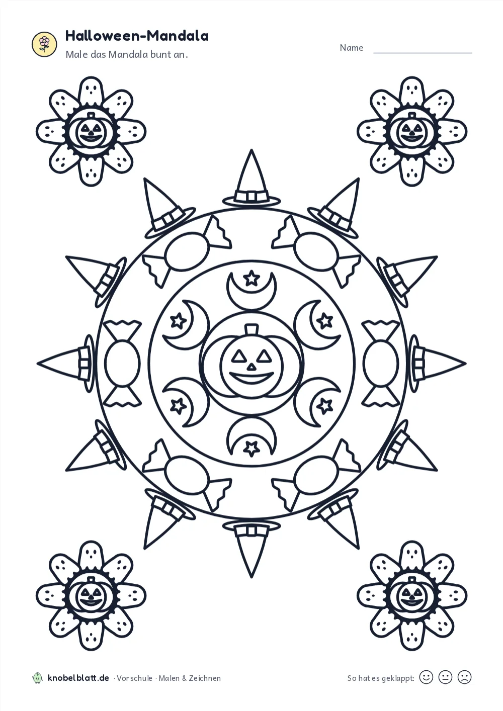 Arbeitsblatt „Halloween-Mandala“ für die Vorschule: Male das Mandala bunt an.