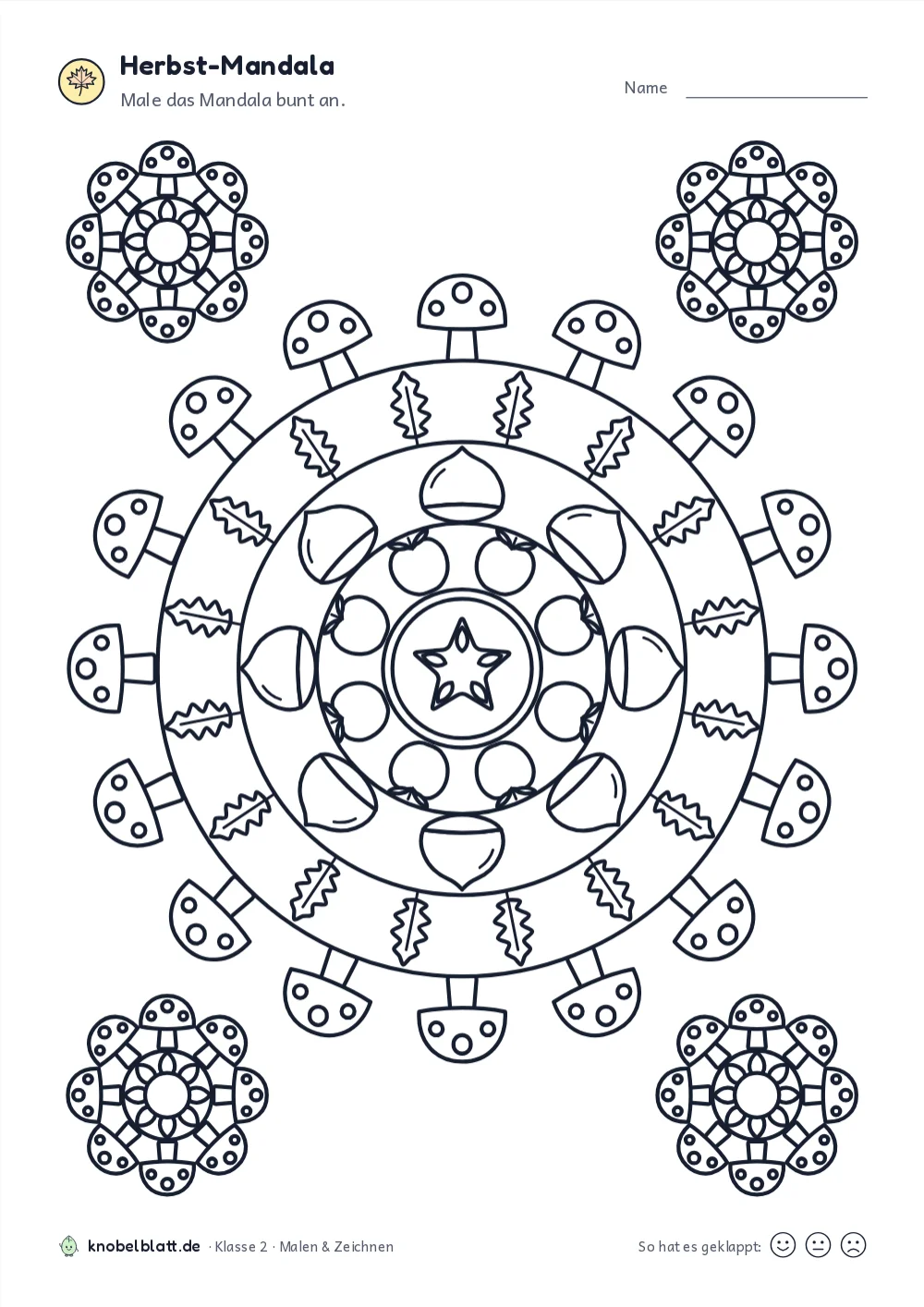 Mandala Herbst zum Ausdrucken: „Herbst-Mandala“ für Klasse 2. Male das Mandala bunt an.