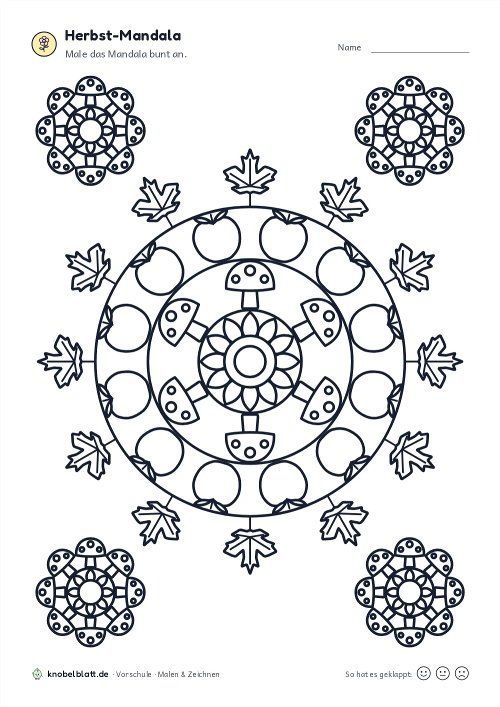 Arbeitsblatt „Herbst-Mandala“ für die Vorschule: Male das Mandala bunt an.