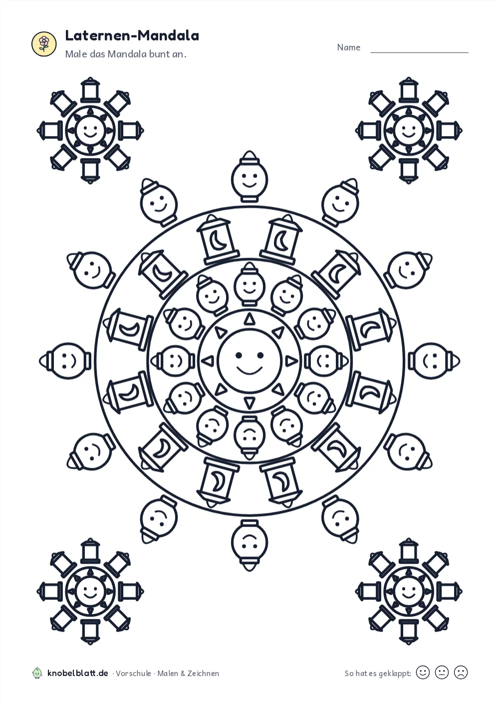 Arbeitsblatt „Laternen-Mandala“ für die Vorschule: Male das Mandala bunt an.
