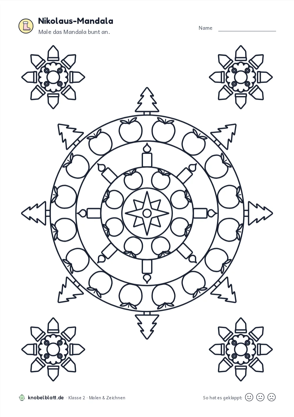 Mandala Nikolaus und Advent: „Nikolaus-Mandala“ für Klasse 2. Male das Mandala bunt an.