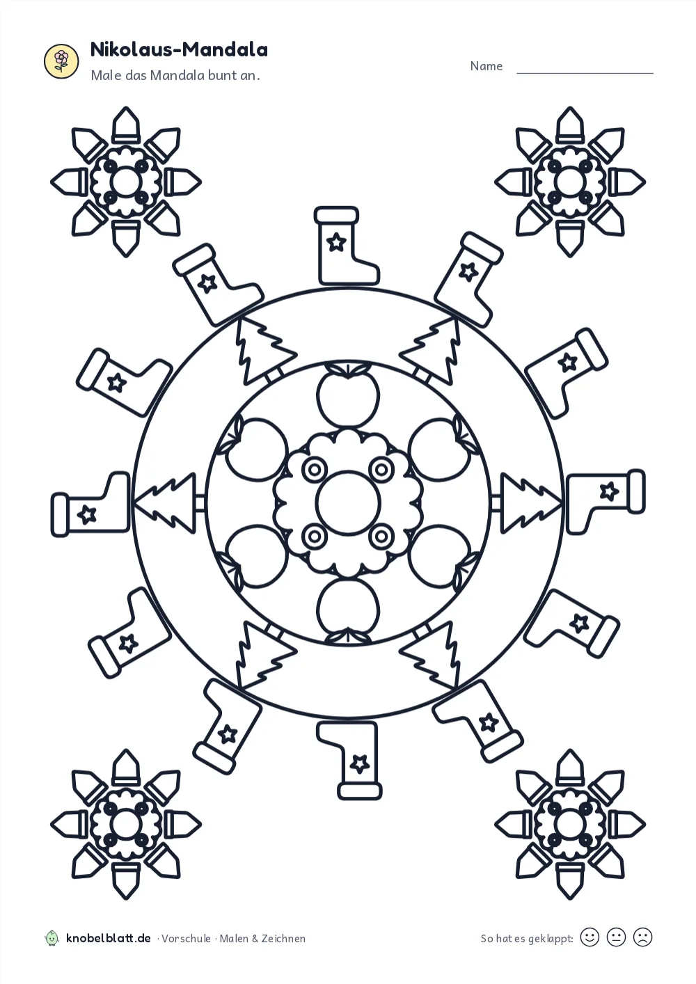Arbeitsblatt „Nikolaus-Mandala“ für die Vorschule: Male das Mandala bunt an.