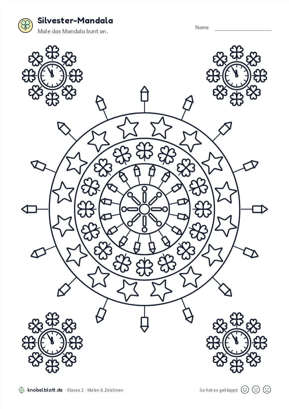 Mandala Silvester zum Ausdrucken: „Silvester-Mandala“ für Klasse 2. Male das Mandala bunt an.
