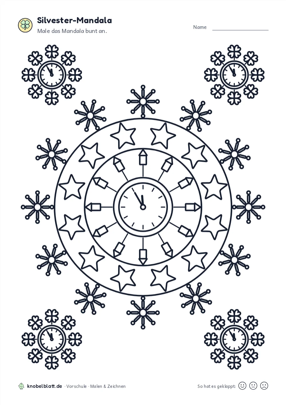 Mandala Silvester zum Ausdrucken: „Silvester-Mandala“ für die Vorschule. Male das Mandala bunt an.