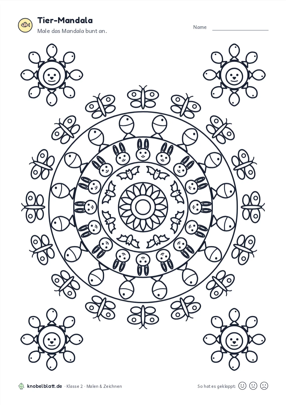 Mandala Tiere zum Ausdrucken: „Tier-Mandala“ für Klasse 2. Male das Mandala bunt an.