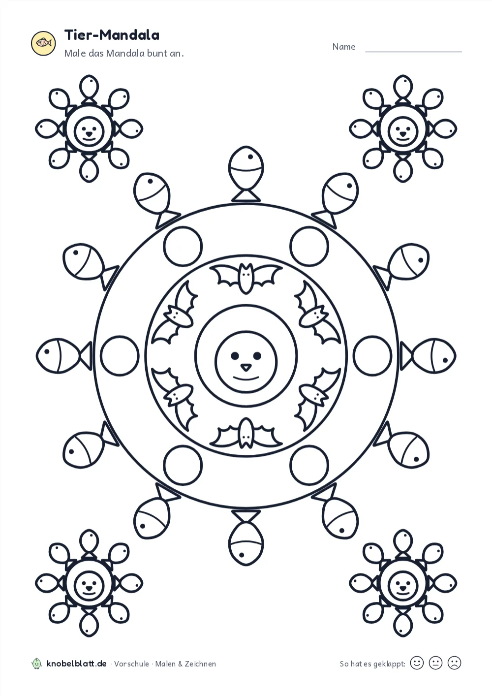 Mandala Tiere zum Ausdrucken: „Tier-Mandala“ für die Vorschule. Male das Mandala bunt an.