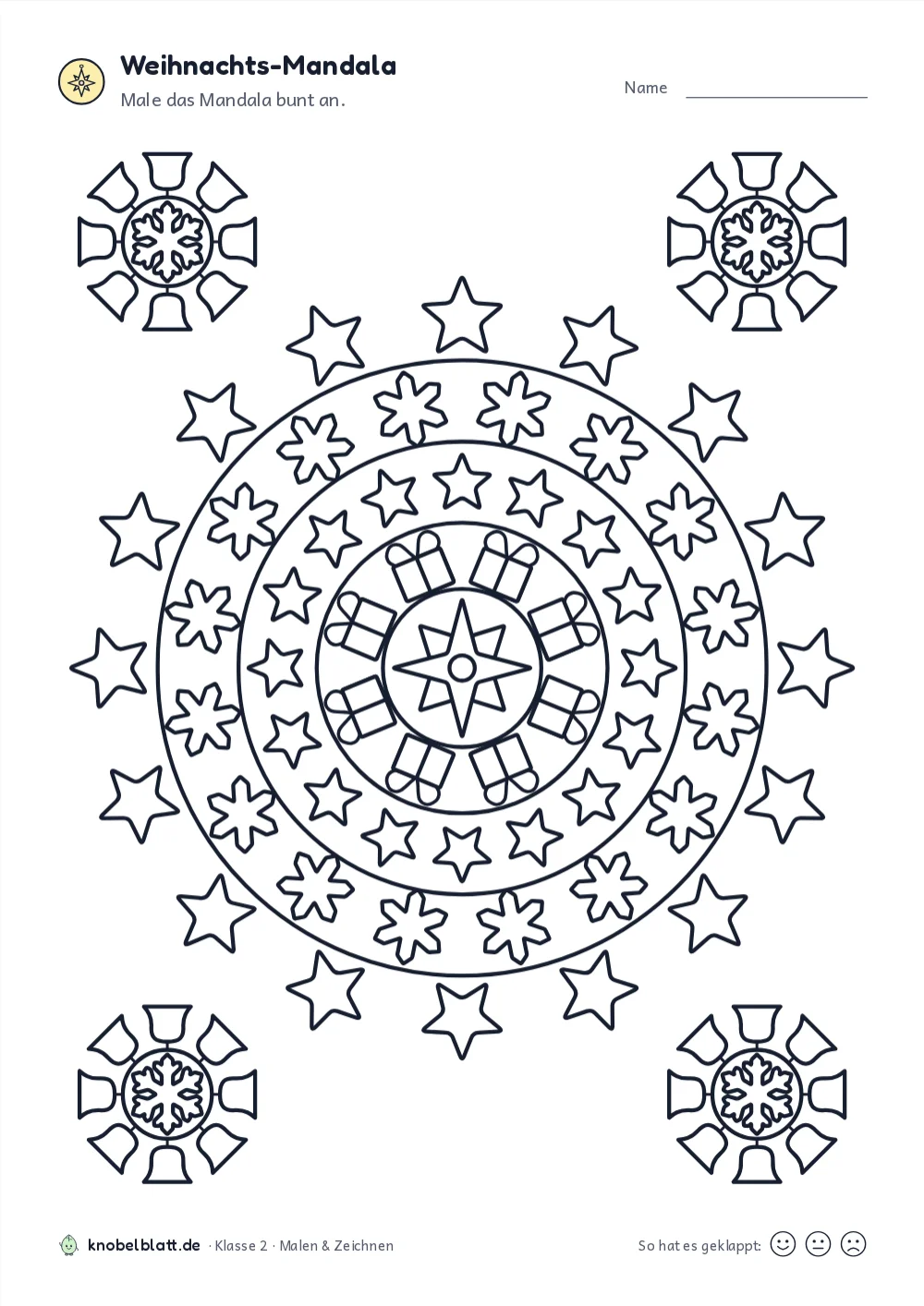 Mandala Weihnachten zum Ausdrucken: „Weihnachts-Mandala“ für Klasse 2. Male das Mandala bunt an.
