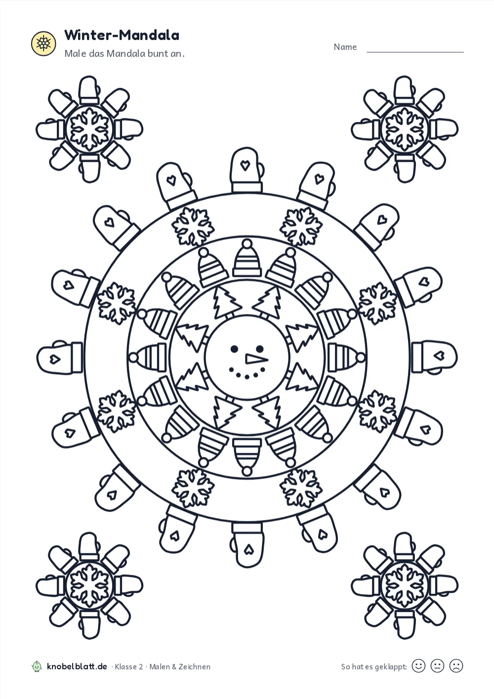 Mandala Winter zum Ausdrucken: „Winter-Mandala“ für Klasse 2. Male das Mandala bunt an.