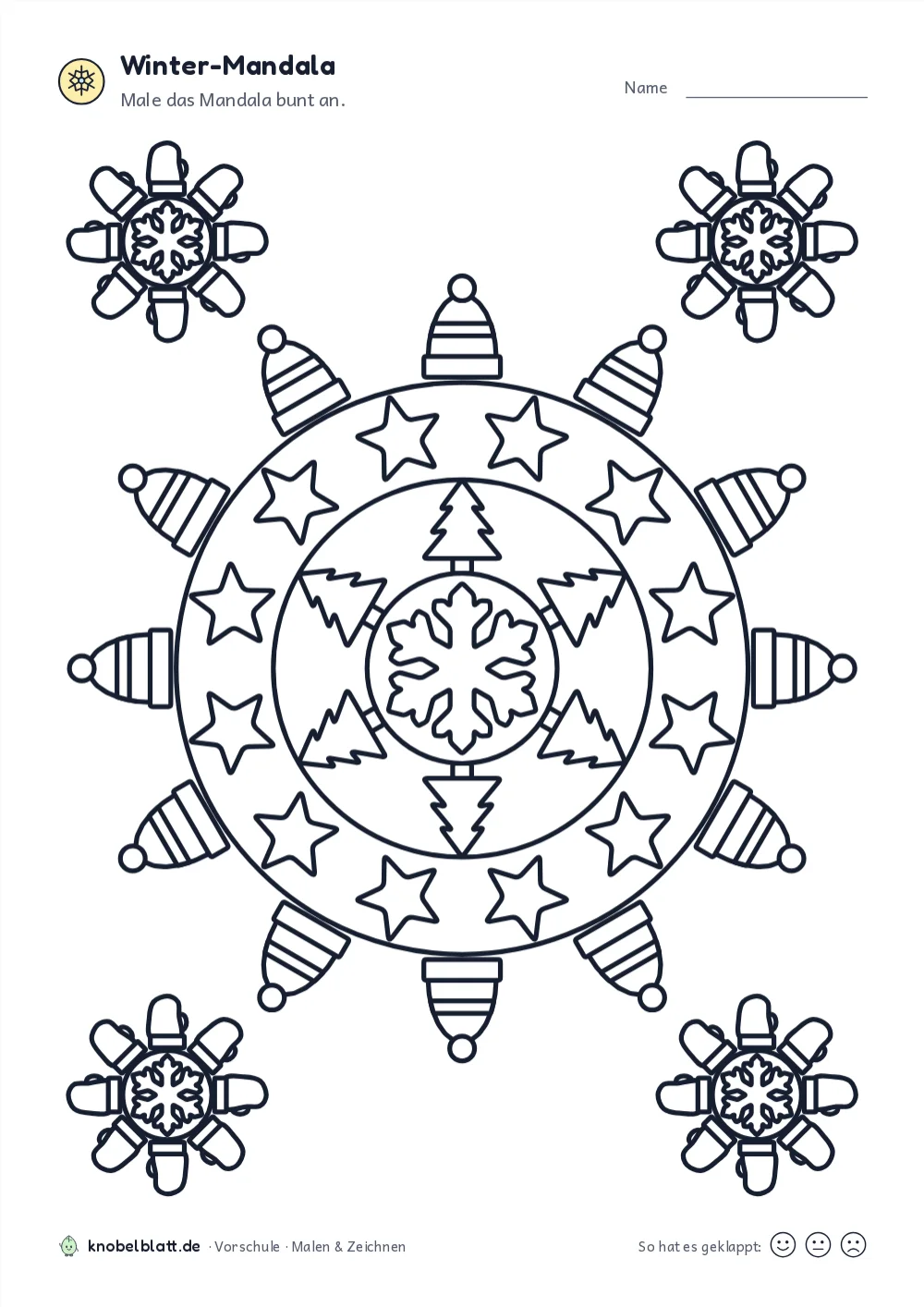 Mandala Winter zum Ausdrucken: „Winter-Mandala“ für die Vorschule. Male das Mandala bunt an.