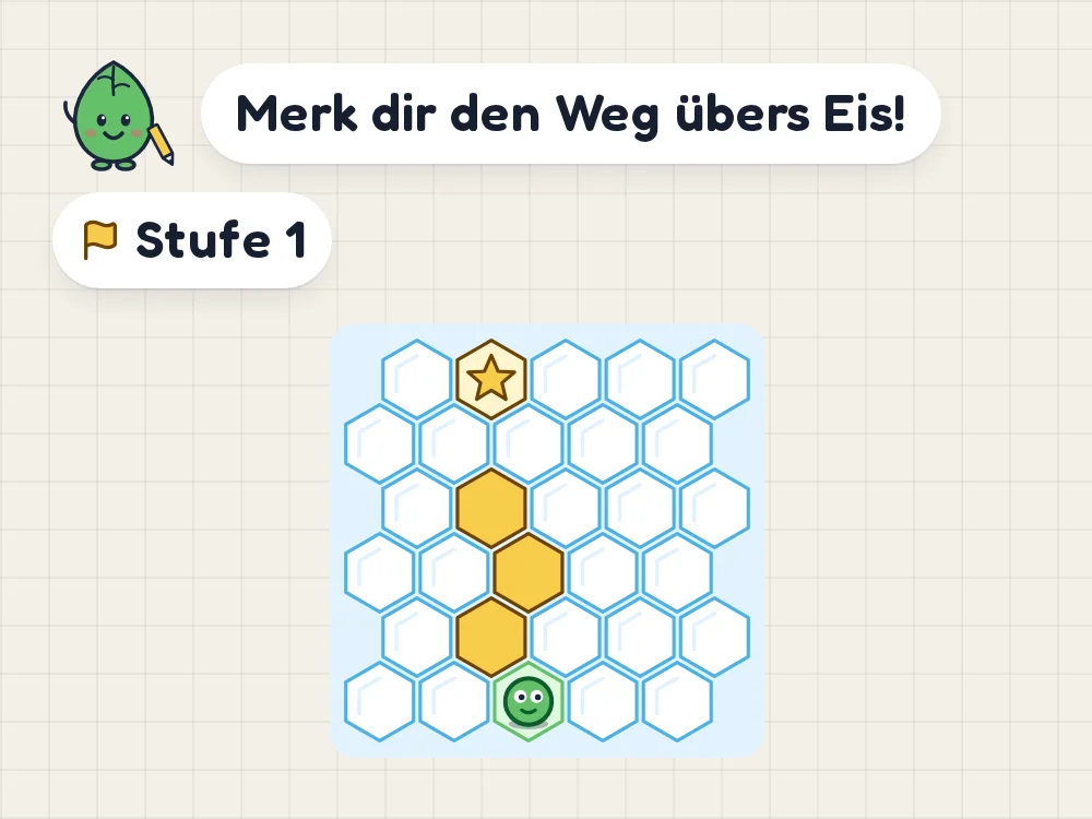 Merkpfad auf dem Bildschirm: Ein Feld aus sechseckigen Eisschollen. Vom Start unten leuchtet ein Weg gelb auf, oben wartet ein Stern als Ziel.