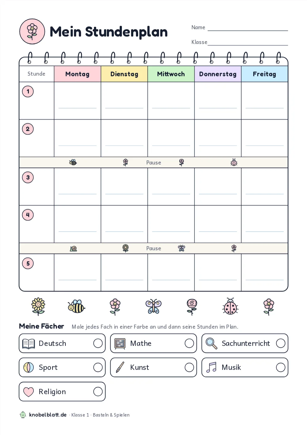 Stundenplan mit Blumen zum Ausdrucken: „Blumen-Stundenplan“ für Klasse 1. Trage deine Fächer ein und male sie bunt an.