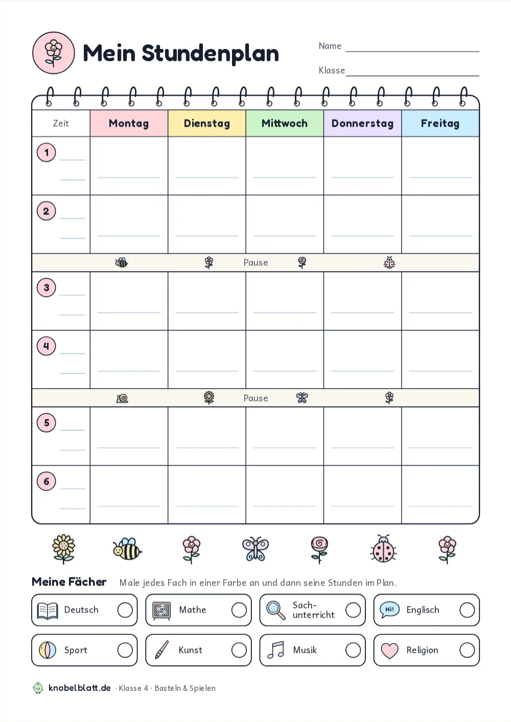 Stundenplan mit Blumen zum Ausdrucken: „Blumen-Stundenplan“ für Klasse 4. Trage deine Fächer ein und male sie bunt an.