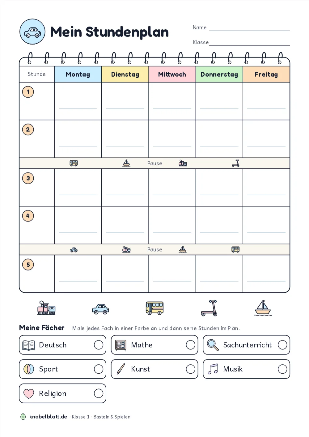 Stundenplan mit Fahrzeugen zum Ausdrucken: „Fahrzeug-Stundenplan“ für Klasse 1. Trage deine Fächer ein und male sie bunt an.