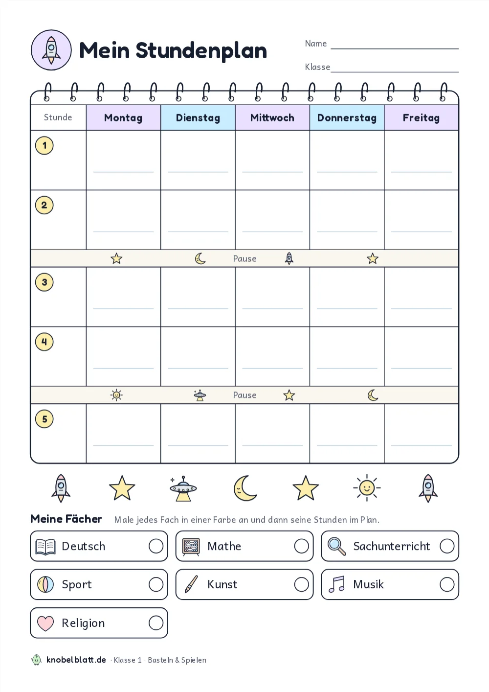 Stundenplan Weltall zum Ausdrucken: „Weltall-Stundenplan“ für Klasse 1. Trage deine Fächer ein und male sie bunt an.