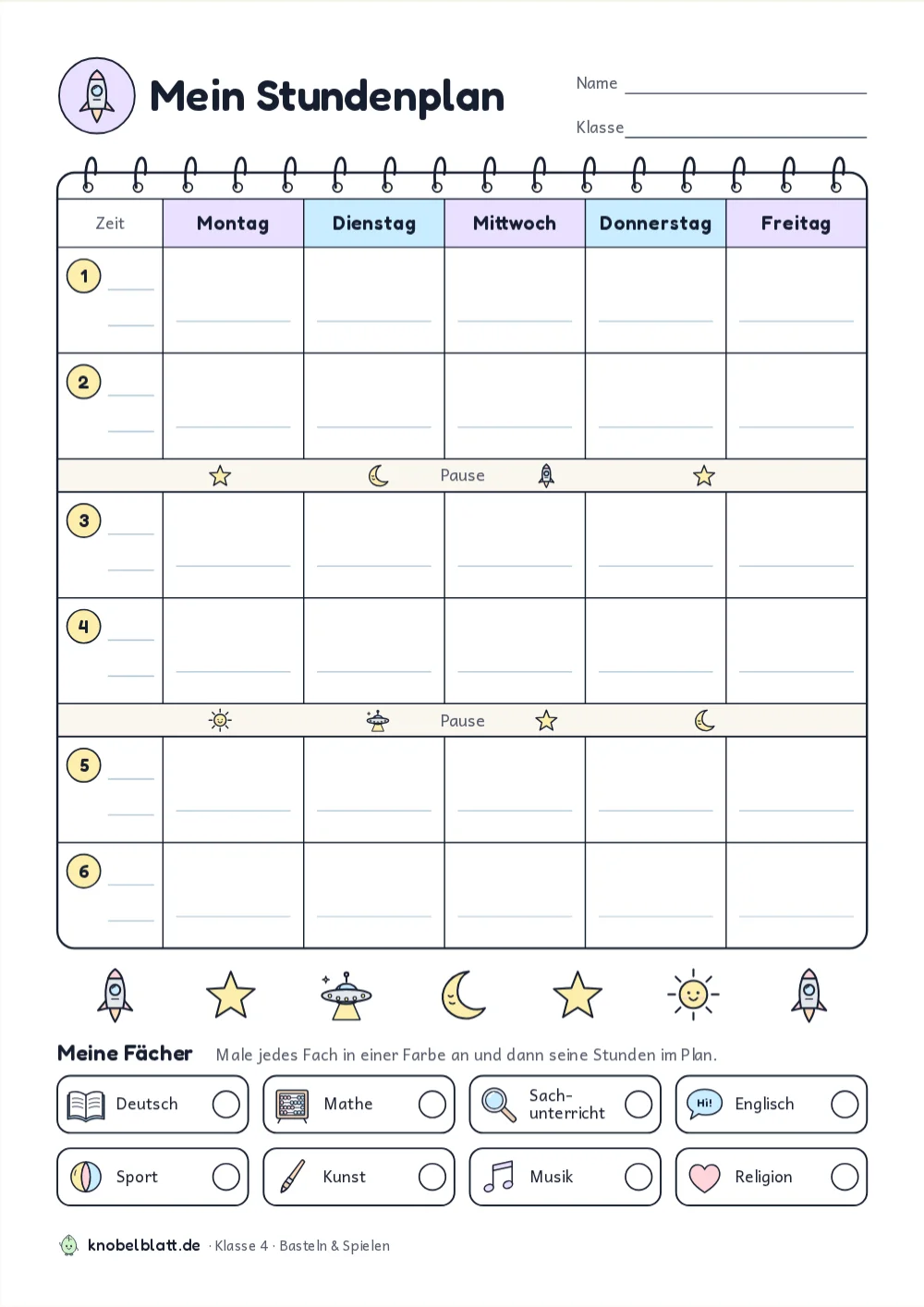 Stundenplan Weltall zum Ausdrucken