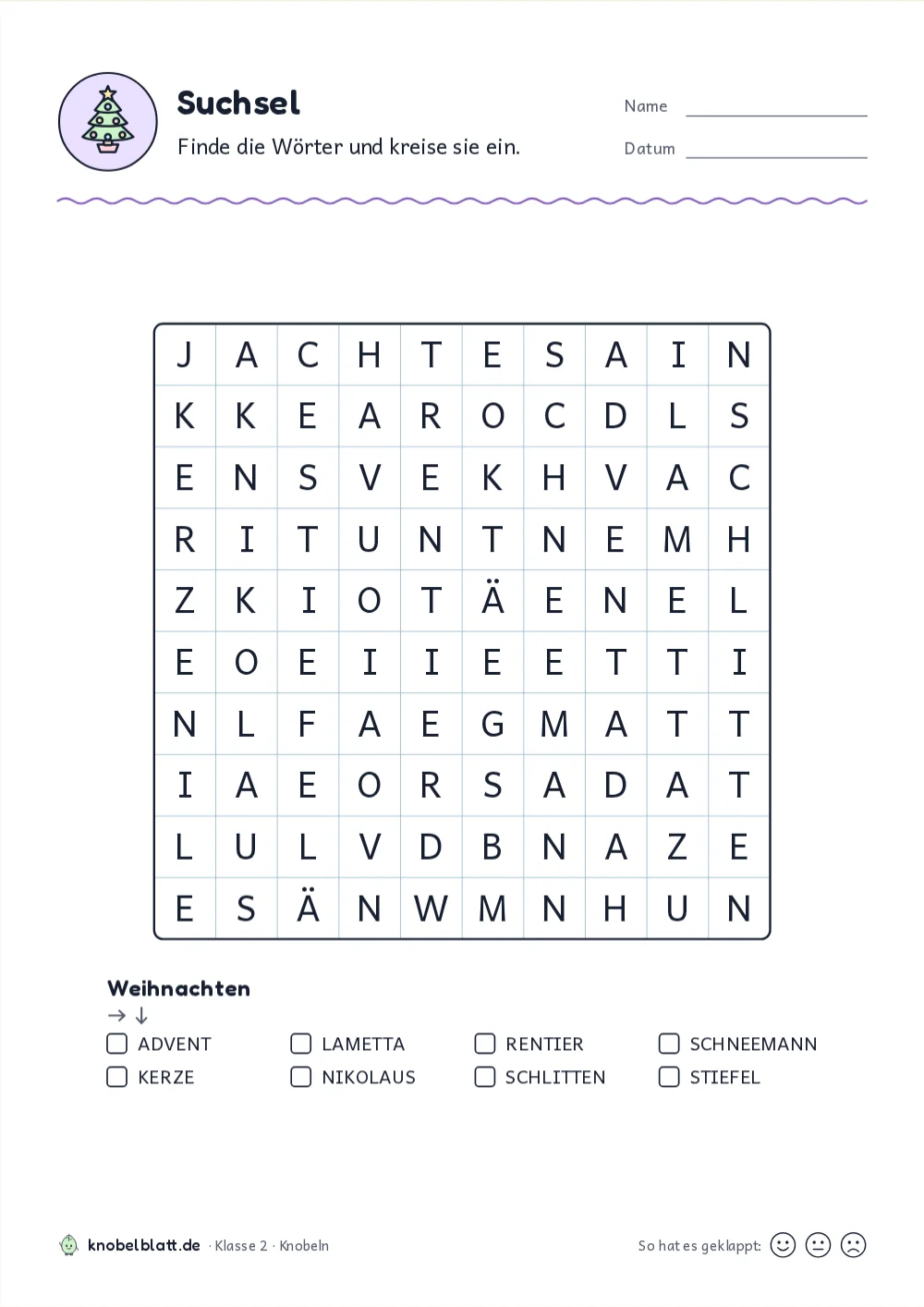 Suchsel Weihnachten: Rätsel zum Ausdrucken: „Suchsel“ für Klasse 2. Finde die Wörter und kreise sie ein.