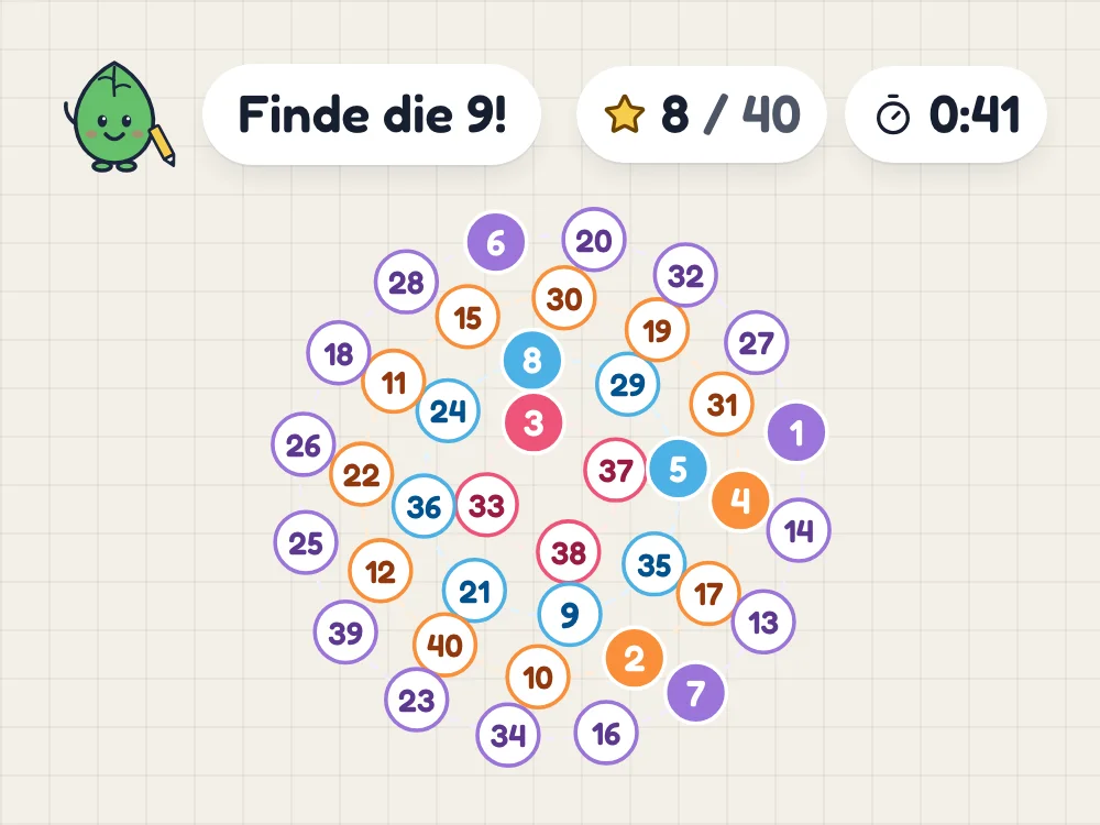 Zahlenkreise auf dem Bildschirm: Die Zahlen von 1 bis 40 liegen in Kreisen durcheinander. Die Zahlen bis 8 sind schon gefunden und bunt gefüllt, gesucht wird die 9.
